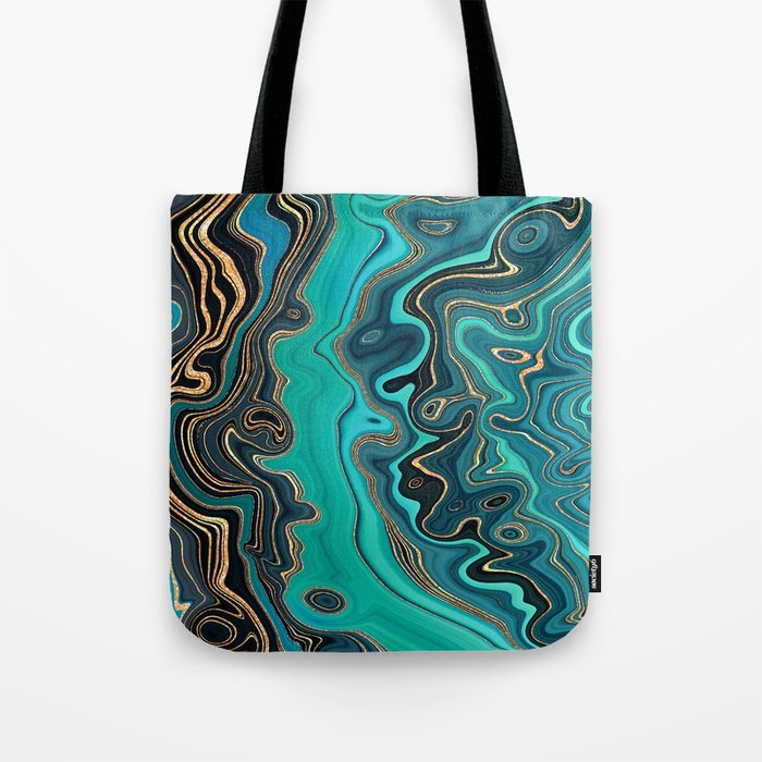 Peacock Teal + Hypnotic Gold Stylized Fluid Painting Tote Bag