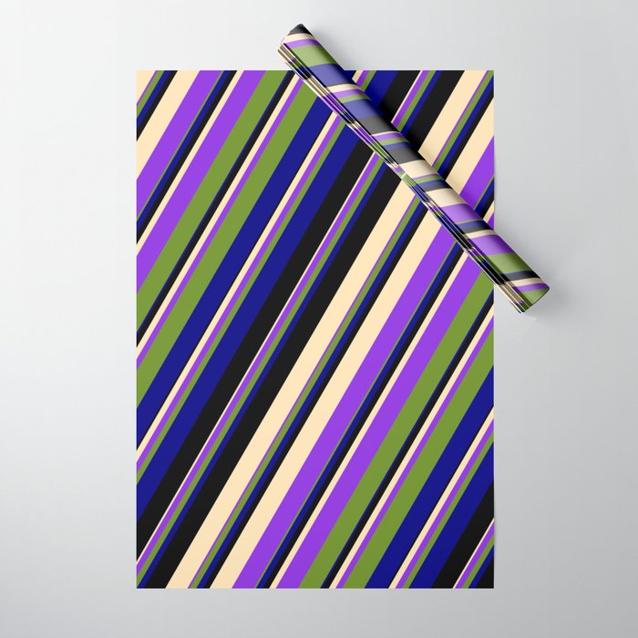 Colorful Black, Beige, Purple, Green, and Blue Colored Pattern of Stripes Wrapping Paper