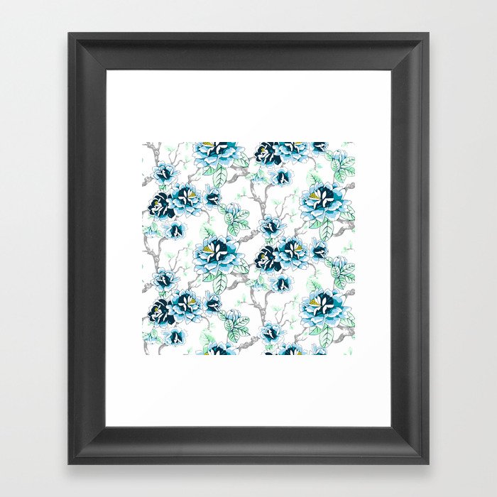 Spring Flowers Pattern Blue Soft Green on White Framed Art Print