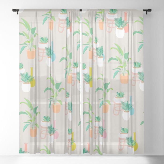 Pretty tropical plant pattern on taupe Sheer Curtain