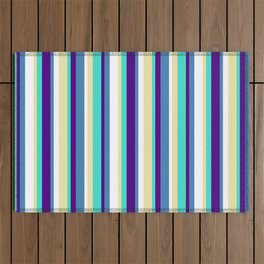 [ Thumbnail: Eye-catching Turquoise, Indigo, Blue, White, and Pale Goldenrod Colored Lines Pattern Outdoor Rug ]