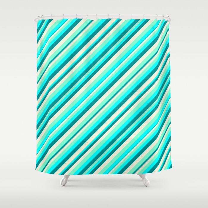 Aquamarine, Cyan, Dark Cyan, and Beige Colored Lined/Striped Pattern Shower Curtain