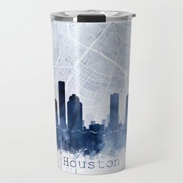 Houston Skyline & Map Watercolor Navy Blue, Print by Zouzounio Art Travel Mug