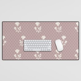 White Vintage Rose and Lace silhouette Pattern on Rosy Brown Desk Mat