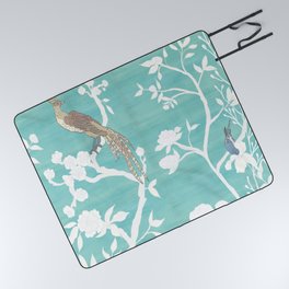 Chinoiserie Panels 4-5 White Scene on Teal Raw Silk - Casart Scenoiserie Collection Picnic Blanket