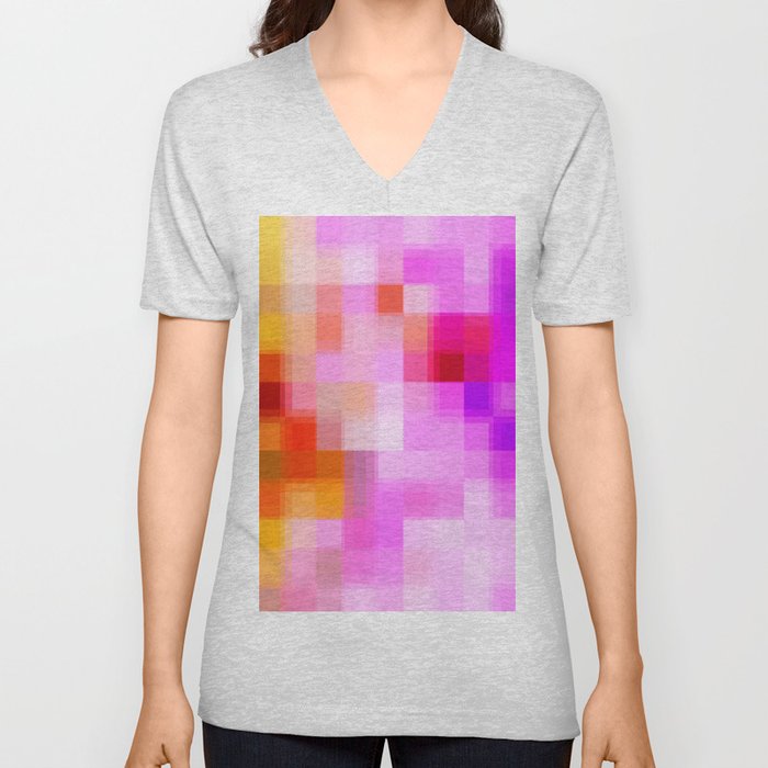 geometric pixel square pattern abstract background in pink purple yellow V Neck T Shirt