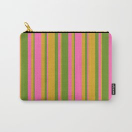 [ Thumbnail: Green, Goldenrod & Hot Pink Colored Lined Pattern Carry-All Pouch ]