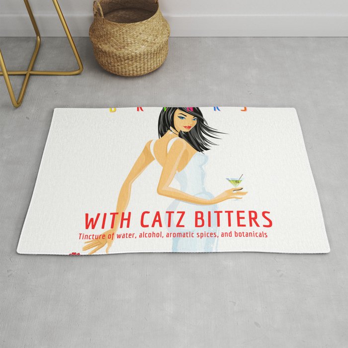 Square version of the Italian Apéritif Mix Your Drinks with Catz (Cats) Vermouth Bitters white background & colored text vintage alcoholic beverage advertising poster / posters Rug