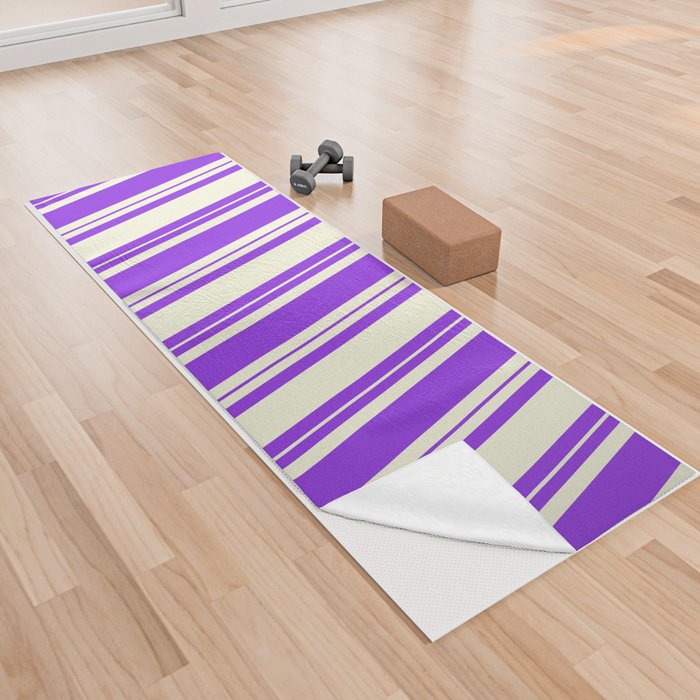 Beige and Purple Colored Lined Pattern Yoga Towel