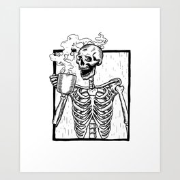 Skeleton Drinking a Cup of Coffee Art Print