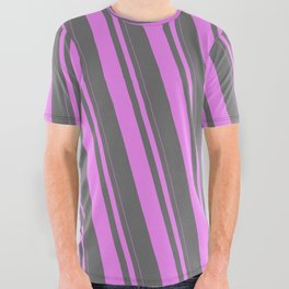 [ Thumbnail: Violet and Dim Grey Colored Pattern of Stripes All Over Graphic Tee ]