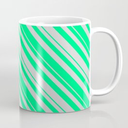 [ Thumbnail: Green & Light Gray Colored Striped/Lined Pattern Coffee Mug ]