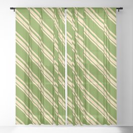 [ Thumbnail: Tan and Green Colored Striped/Lined Pattern Sheer Curtain ]