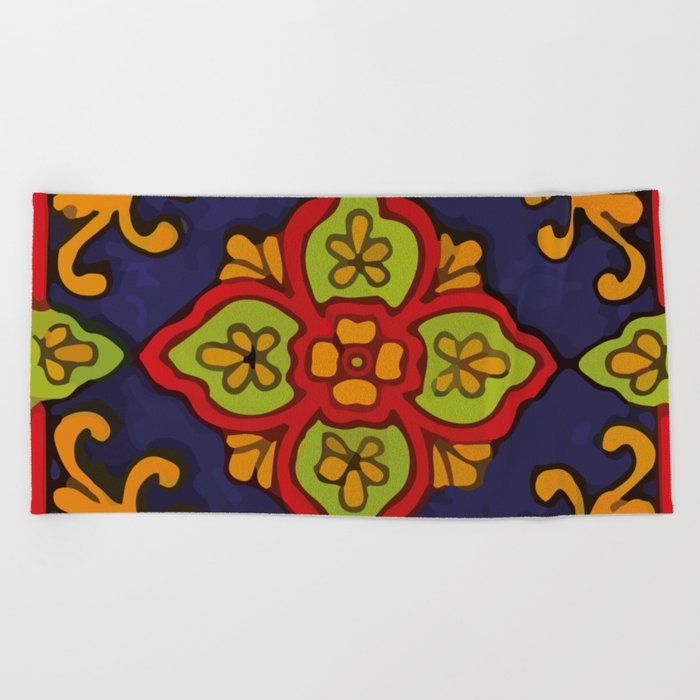 Bouquet baroque traditional hand painted mexican tile Beach Towel