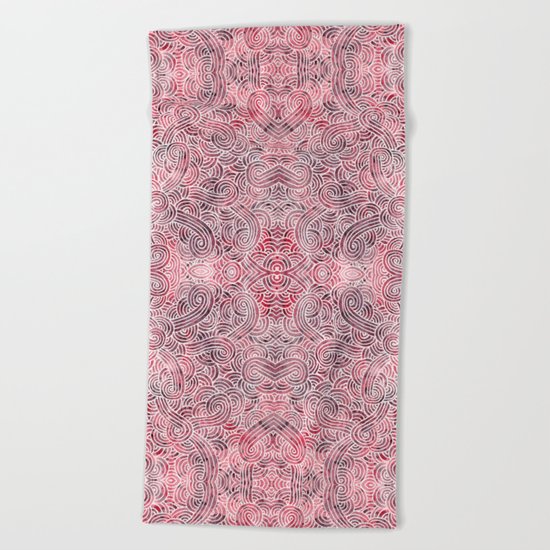 Burgundy red and white swirls doodles Beach Towel
