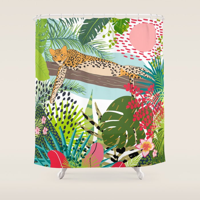 Lazy Jungle Cat Bold Colorful Botanical Abstract Shower Curtain