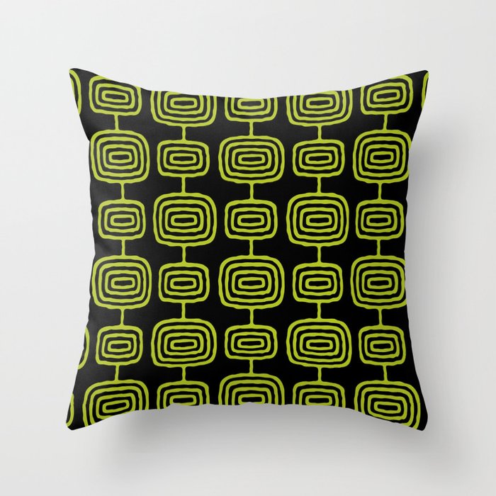 Mid Century Modern Atomic Rings Pattern Black and Chartreuse Throw Pillow