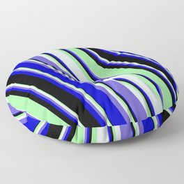 [ Thumbnail: Green, Light Cyan, Slate Blue, Blue, and Black Colored Stripes Pattern Floor Pillow ]