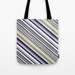 [ Thumbnail: Vibrant Dim Grey, Dark Gray, Pale Goldenrod, Midnight Blue, and White Colored Lined Pattern Tote Bag ]