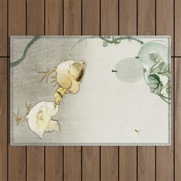 Chicken fighting over butterfly - Japanese vintage woodblock print art Outdoor Rug
