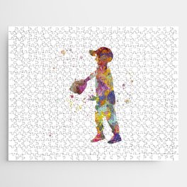 Boy plays baseball in watercolor Jigsaw Puzzle