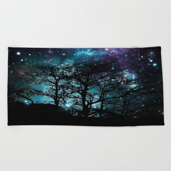 Black Trees Teal Violet space Beach Towel