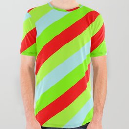 [ Thumbnail: Turquoise, Chartreuse, Red & Light Green Colored Lines/Stripes Pattern All Over Graphic Tee ]