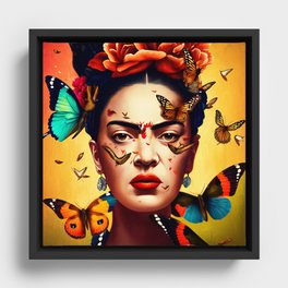 Frida surrounded by butterflies Framed Canvas