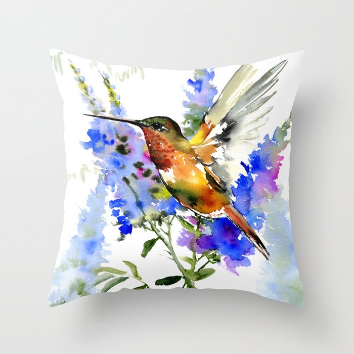 Alen's Hummingbird and Blue Flowers, floral bird design birds, watercolor floral bird art Throw Pillow