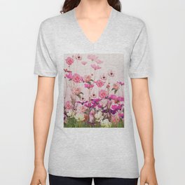 Pink and Purple Flower Garden V Neck T Shirt