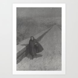 Edgar Allan Poe Walking the Bronx's High Bridge black and white lithograph  Art Print