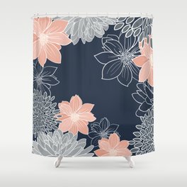 Festive, Floral Prints and Line Art, Navy Blue, Coral and Gray Shower Curtain