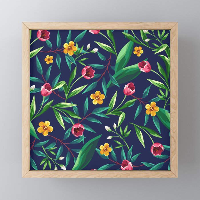 Floral pattern with colorful flowers and leaves on a dark blue background. Framed Mini Art Print