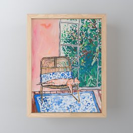 Napping Ginger Cat in Pink Jungle Garden Room Framed Mini Art Print