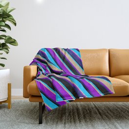 [ Thumbnail: Eyecatching Deep Sky Blue, Tan, Dark Violet, Midnight Blue, and Black Colored Lines Pattern Throw Blanket ]