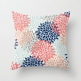 Floral Bloom Print, Living Coral, Pale Aqua Blue, Gray, Navy Throw Pillow