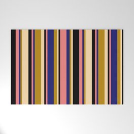 [ Thumbnail: Light Coral, Midnight Blue, Dark Goldenrod, Tan & Black Colored Lined Pattern Welcome Mat ]