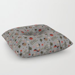 Ladybug and Floral Seamless Pattern on Grey Background Floor Pillow