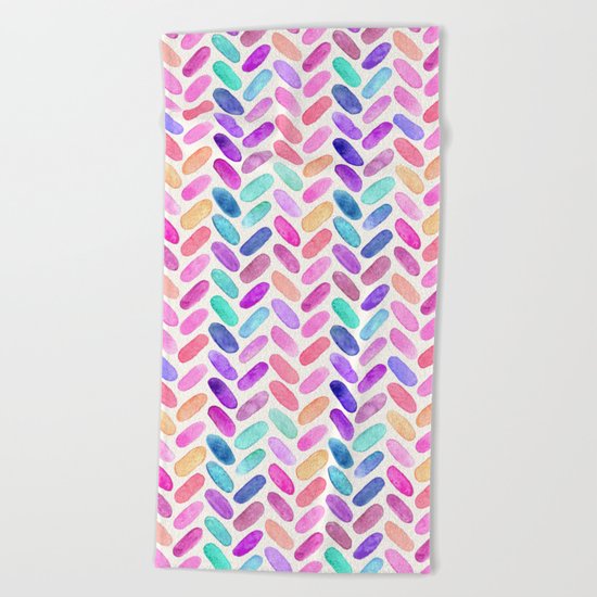 Rainbow Herringbone Watercolor Oblongs Beach Towel