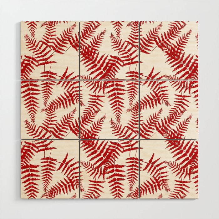 Red Silhouette Fern Leaves Pattern Wood Wall Art