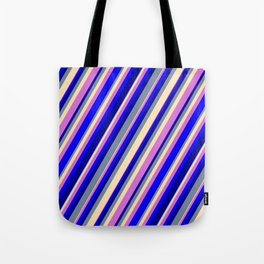 [ Thumbnail: Light Slate Gray, Beige, Orchid, Blue & Dark Blue Colored Striped Pattern Tote Bag ]