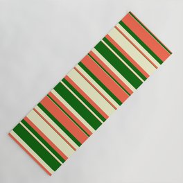 [ Thumbnail: Red, Light Yellow & Dark Green Colored Stripes Pattern Yoga Mat ]