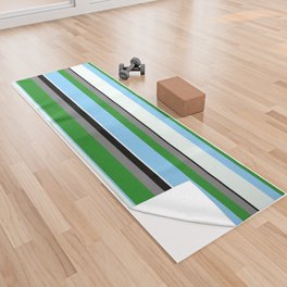 [ Thumbnail: Gray, Forest Green, Light Sky Blue, Mint Cream & Black Colored Lines/Stripes Pattern Yoga Towel ]