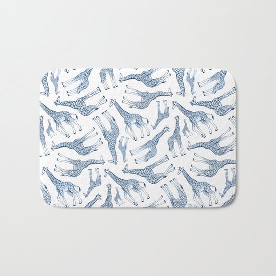 Navy Blue Giraffes on White Bath Mat