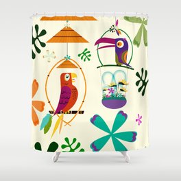 Vintage Modern Tiki Birds Shower Curtain