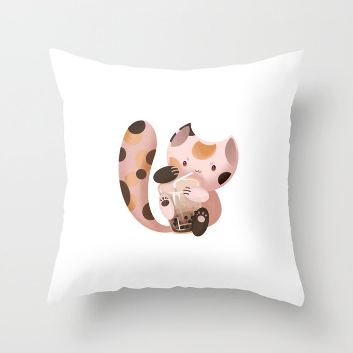 Brown Sugar Milk Tea Boba Cat Throw Pillow