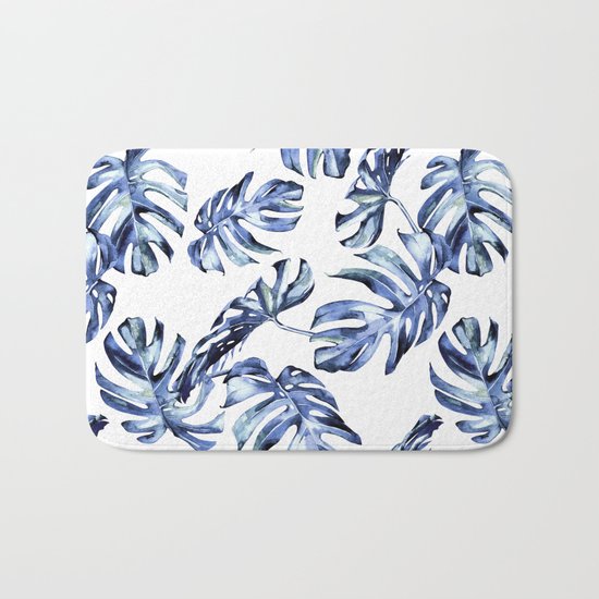 Blue Palm Leaves Bath Mat