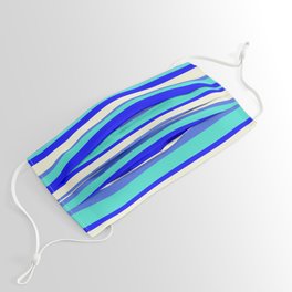 [ Thumbnail: Royal Blue, Turquoise, Blue & Beige Colored Lined Pattern Face Mask ]