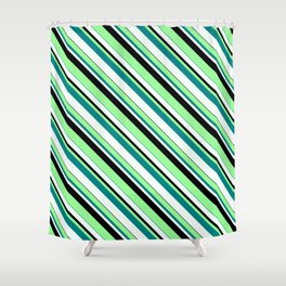 [ Thumbnail: Green, Teal, Mint Cream & Black Colored Lined Pattern Shower Curtain ]