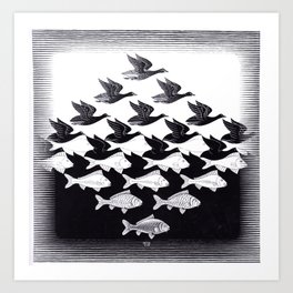 "Sky and Water I" by M.C. Escher Art Print | Fish, Woodcut, Sea, Birds, Graphicdesign, Vintage, Nature, Blackandwhite, Waves, Ocean 